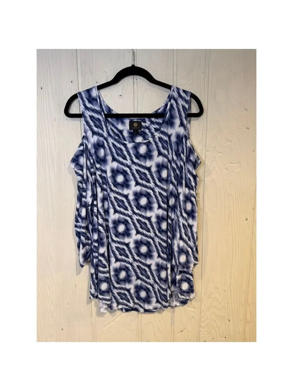 JM Collection Blue White Tie Dye Cold Shoulder Tee XL